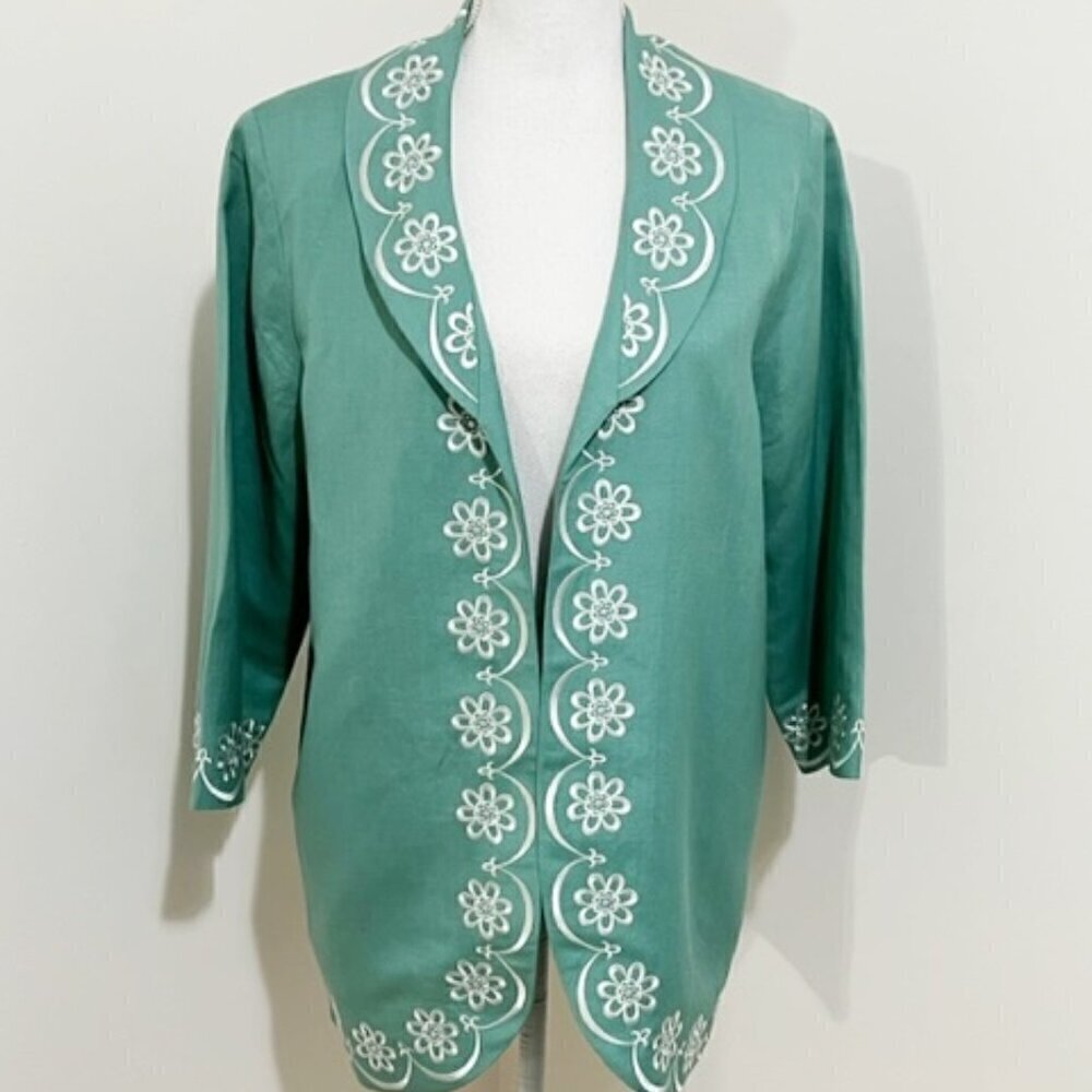Bob Mackie Linen Blend Green Embroidered Jacket Wearable Art Size M - Picture 6 of 6